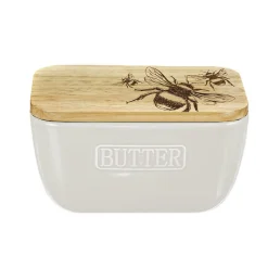 Selbrae Bee Oak & Ceramic White Butter Dish