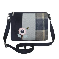 Earth Squared Bags Blue Tweed Applique Pink Sunflower Messenger Bag