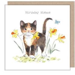 Paper Shed Design Cat with Daffodils "Birthday Wishes" Greetings Card