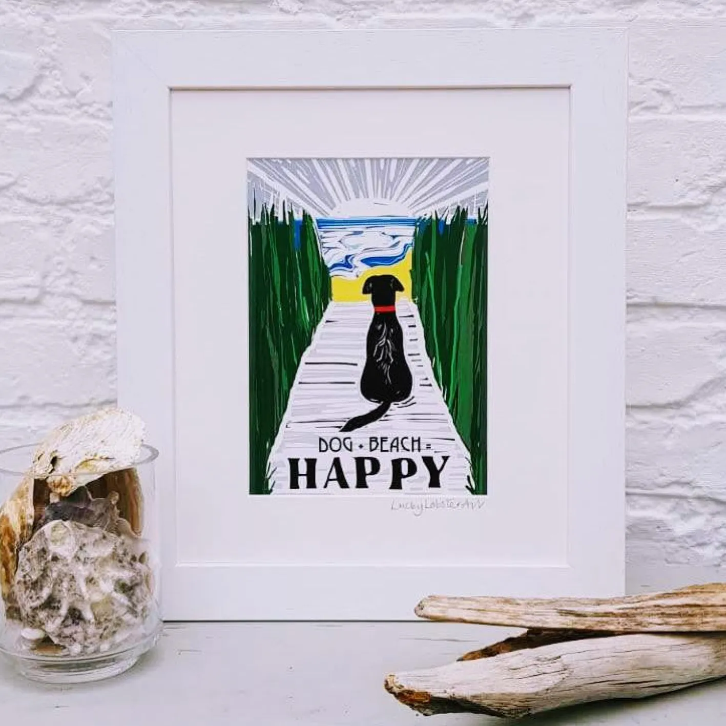 Lucky Lobster Chocolate Dog + Beach = Happy Print Framed