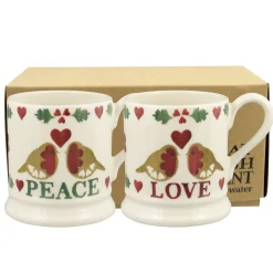 Emma Bridgewater Christmas Joy 'Peace and Love' Robins Set of 2 Half Pint Mugs 2023