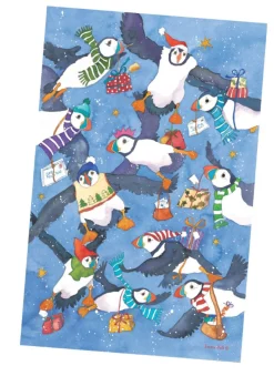 Emma Ball Christmas Party Puffins Tea Towel