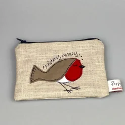 Poppy Treffry Christmas Robin Embroidered Flat Coin Purse