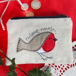 Poppy Treffry Christmas Robin Embroidered Flat Coin Purse