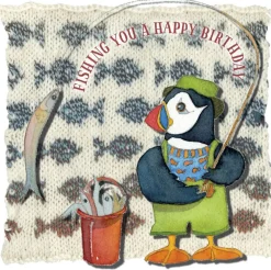 Emma Ball Fishing Birthday - Woolly Puffins Greetings Card