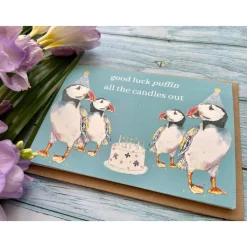 Jen Winnett Good Luck Puffin All the Candles Out Eco-card