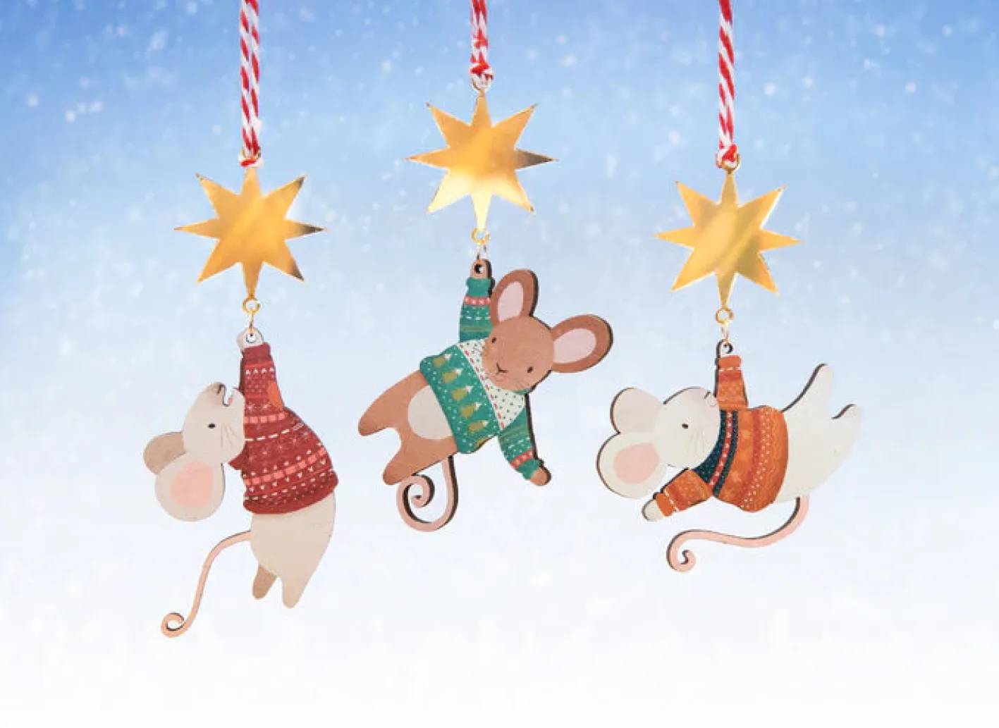 Dapple & Dot Hanging Mouse and Star Wooden Christmas Decorations