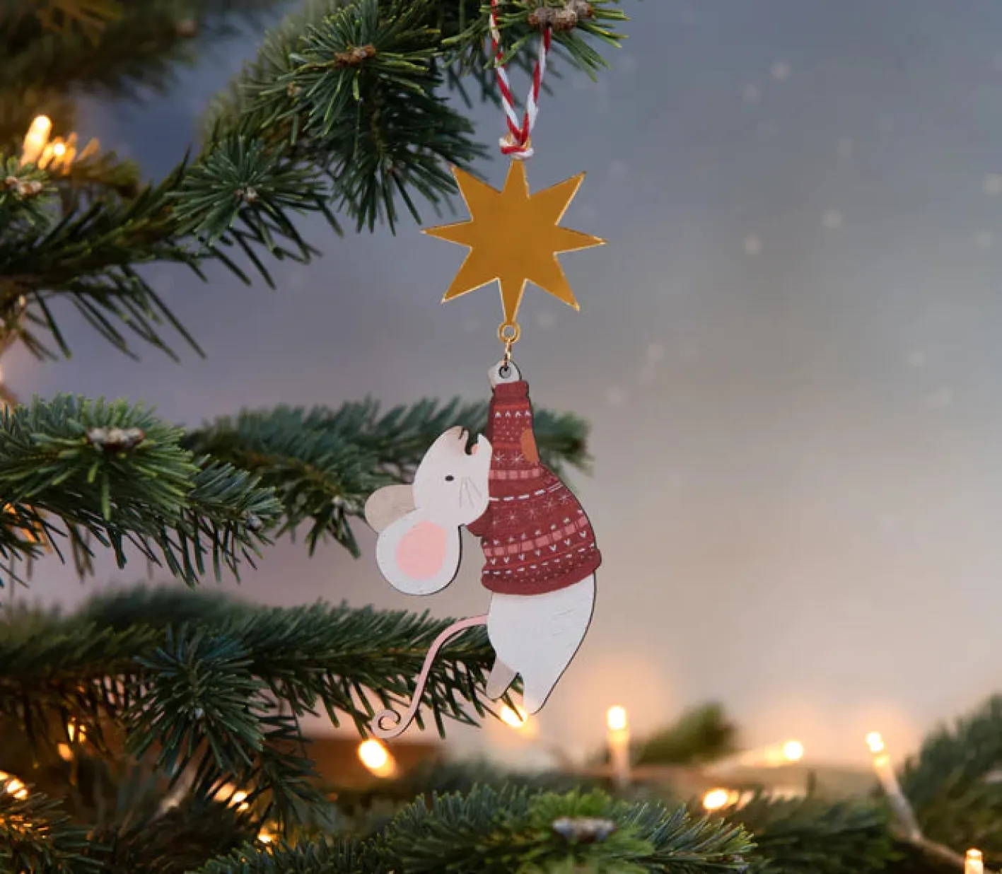Dapple & Dot Hanging Mouse and Star Wooden Christmas Decorations