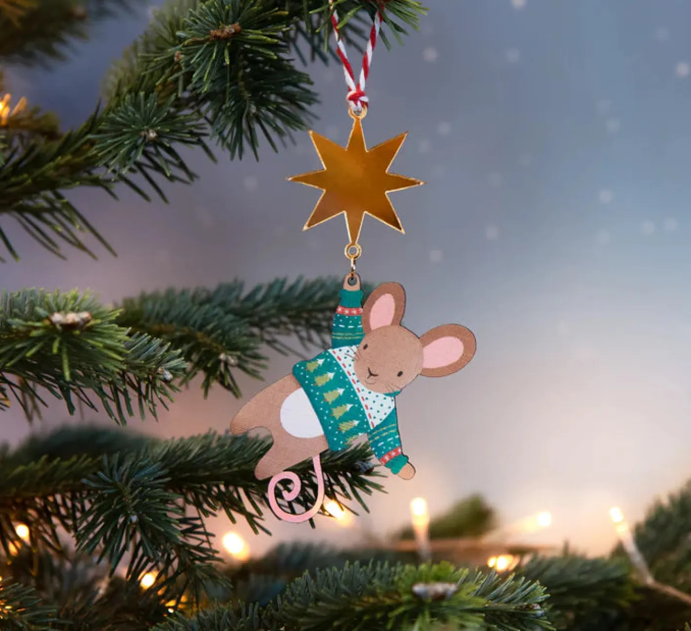 Dapple & Dot Hanging Mouse and Star Wooden Christmas Decorations
