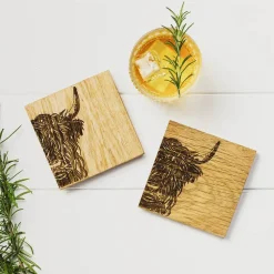 Selbrae Highland Cow Oak Coasters - Set of 2