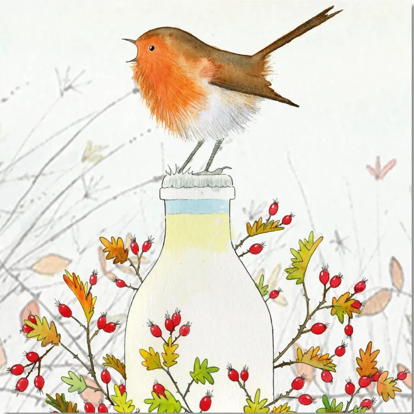 Emma Ball Milk Bottle Robin pack of 6 Christmas Cards