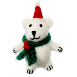 Amica Felt Mini Polar Bear with Holly Scarf Felt Decoration