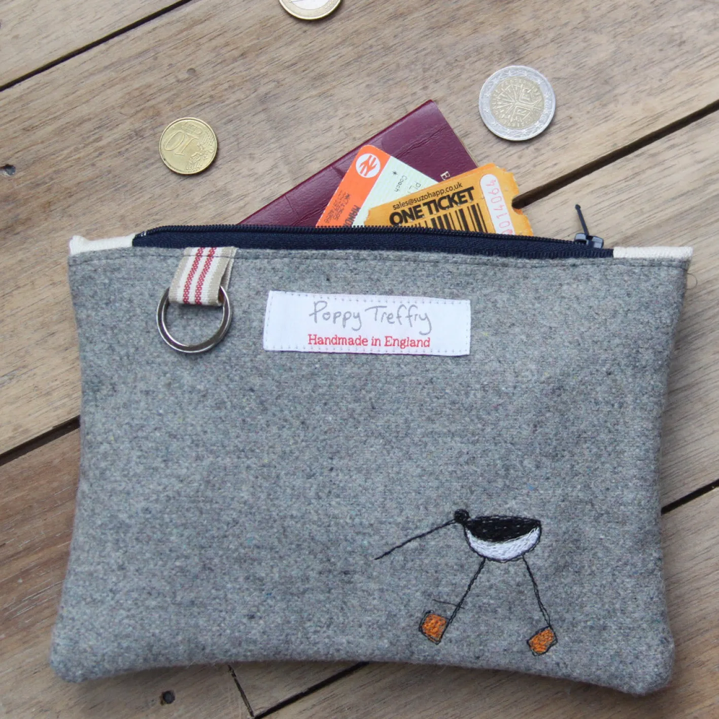 Poppy Treffry Oyster Catcher Flat Embroidered Zip Purse with Keyring