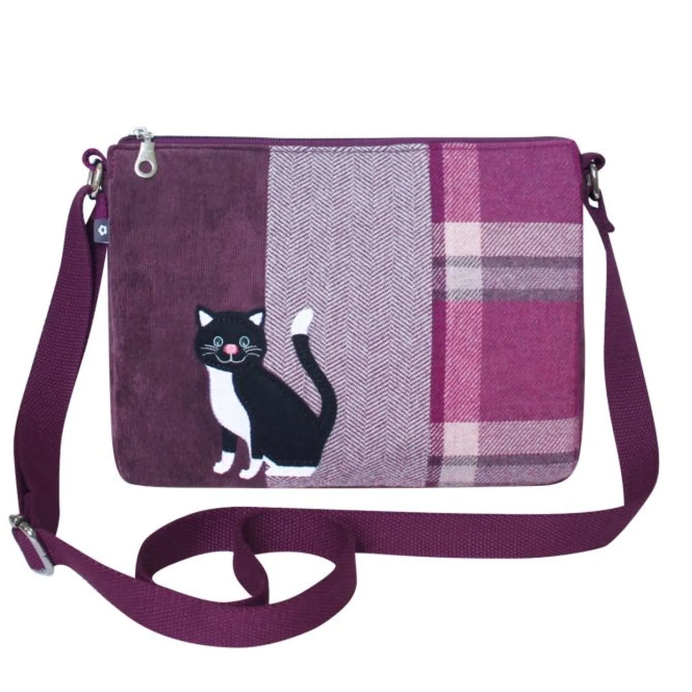 Earth Squared Bags Plum Tweed Cat Applique Messenger Bag