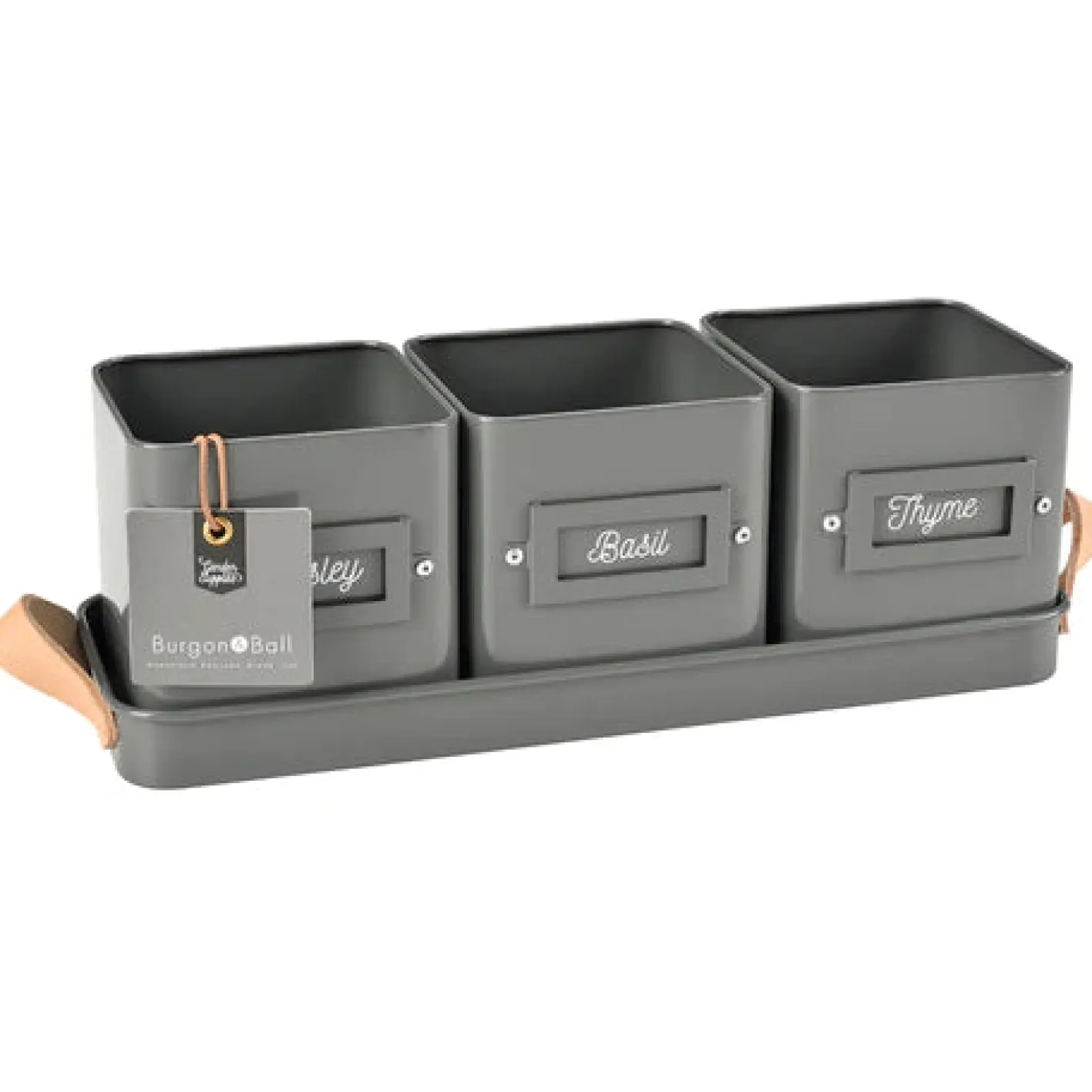 Burgon & Ball Set of 3 Herb Pots in a Leather Handled Tray - Grey