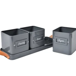 Burgon & Ball Set of 3 Herb Pots in a Leather Handled Tray - Grey