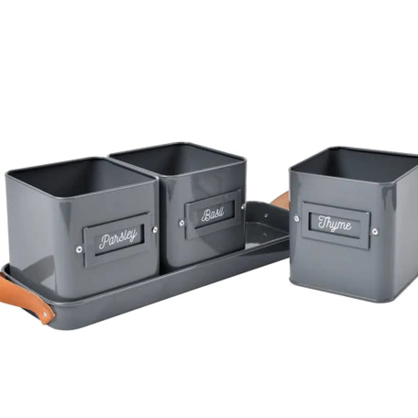 Burgon & Ball Set of 3 Herb Pots in a Leather Handled Tray - Grey