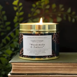 Toasted Crumpet Woodsmoke & embers Candle in a Matte Gold Tin