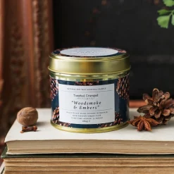 Toasted Crumpet Woodsmoke & embers Candle in a Matte Gold Tin