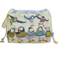 Emma Ball Woolly Puffins Drawstring Cotton Bag