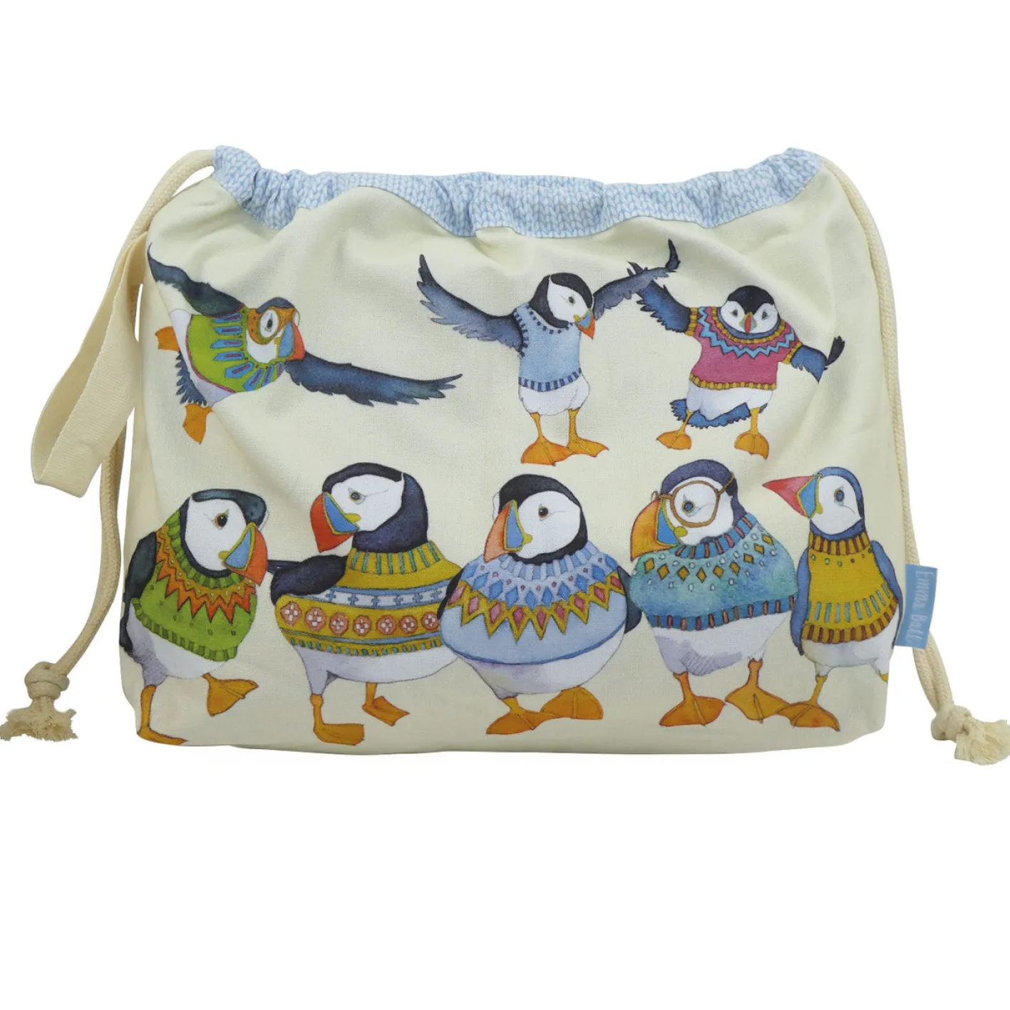Emma Ball Woolly Puffins Drawstring Cotton Bag