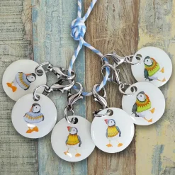Emma Ball Woolly Puffins Set of 6 Stitch Crochet Markers in a Pocket Tin