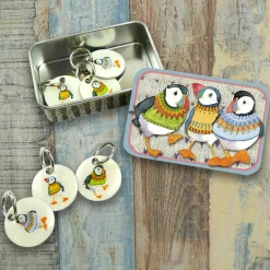 Emma Ball Woolly Puffins Tin and  Set of 6 Stitch Markers