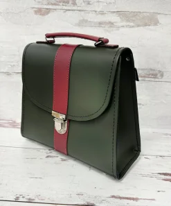 Zatchels Handmade Leather Kensington Handbag -Ivy Green with Oxblood Contrast