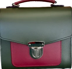 Zatchels Handmade Leather Sugarcube Plus Handbag - Ivy Green with Oxblood Contrast